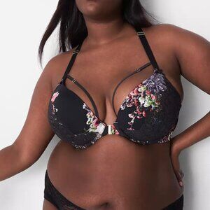 NWOT Cacique Lace Black Floral Strappy Racerback Boost Plunge Bra 34DDD